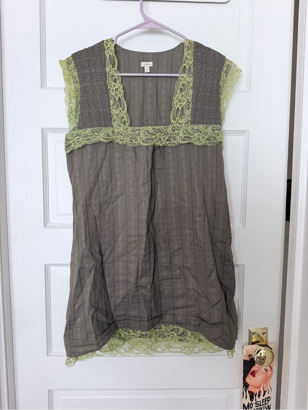 Fossil Sleeveless Babydoll Gray-Brown Lime Green Lace Trim dress